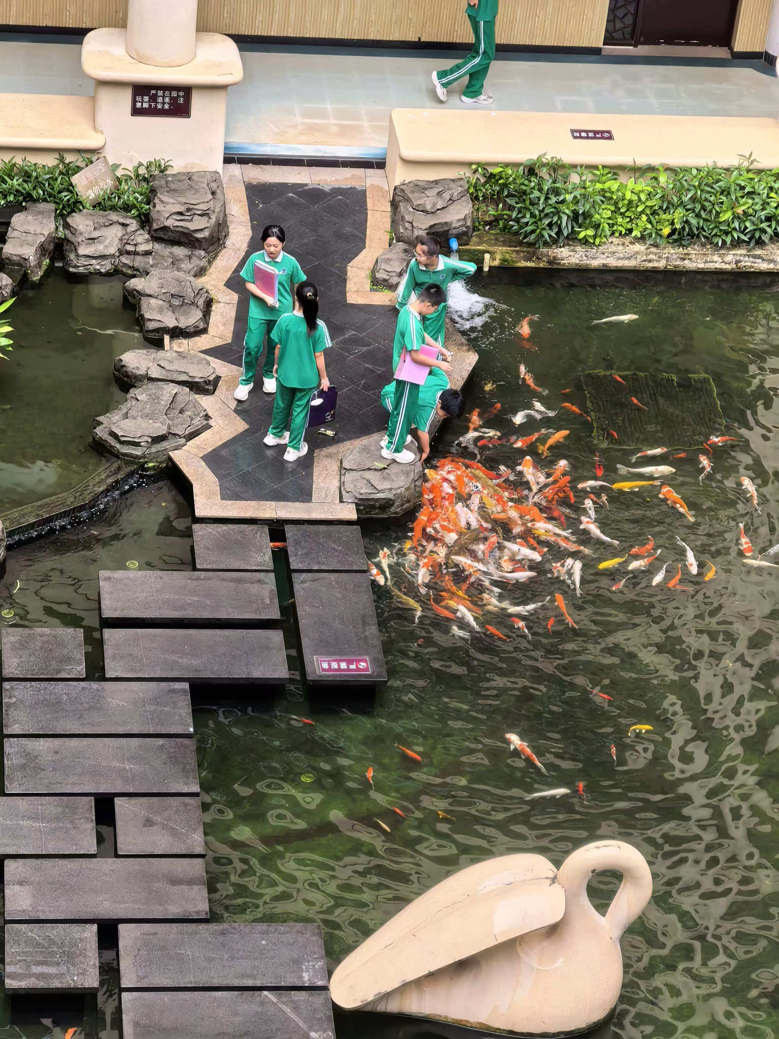 Students beside the campus pond at Xingzhi School